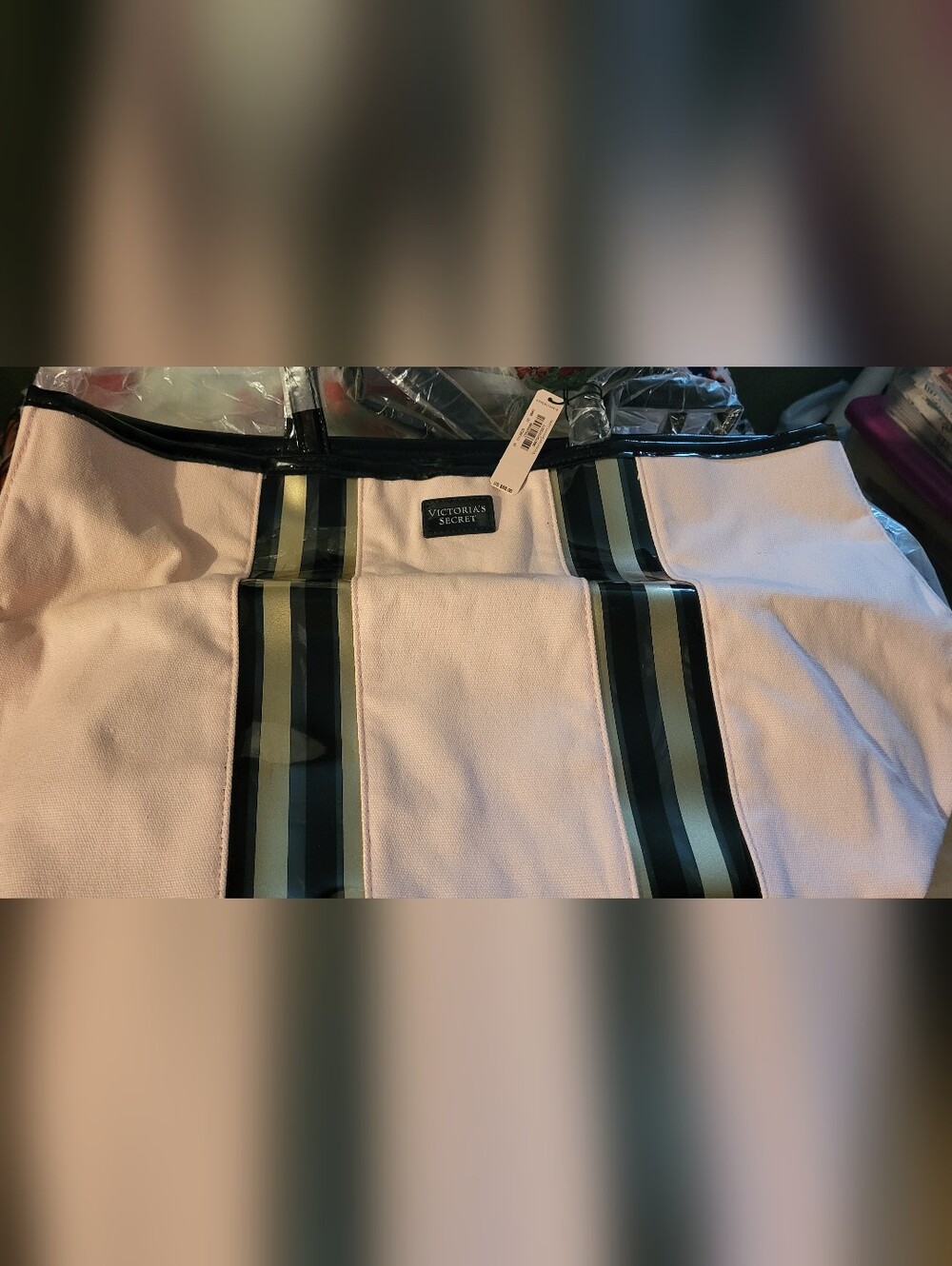 Victoria's Secret Pale Pink Tote with Black and Olive Stripe Accents